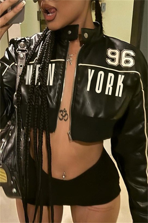 Black Casual Letter Print Zipper Collar Long Sleeve PU Leather Crop Jacket