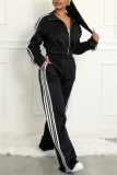 Blue Sportwear Stripe Print Casual Daily Long Sleeve Jackets And Wide Leg Sweatpants Two Pieces Jogger Sets