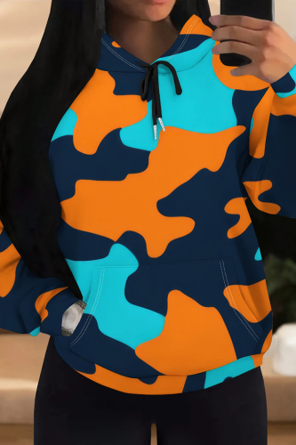Blue Orange Casual Outing Camouflage Print Draw String Pocket Hooded Long Sleeve Fall Winter Sweatshirt