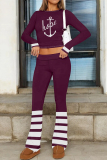 Navy Blue Letter Print Long Sleeve Crop Sweatshirt and Drawstring Striped Pants Sportwear Casual Two Pieces Sweatpant Set