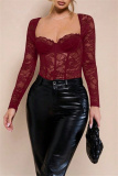 White Lace Detailing Patchwork See-Through Backless Square Neck Long Sleeve Spaghetti Strap Skinny Sheer Mesh Bodysuit