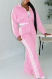 Blue Sportwear Stripe Print Casual Daily Long Sleeve Jackets And Wide Leg Sweatpants Two Pieces Jogger Sets