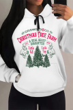 White Casual Christmas Tree Letter Print Bow Draw String Pocket Fall Winter Hooded Sweatshirt