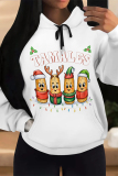White Casual Christmas Tree Letter Print Bow Draw String Pocket Fall Winter Hooded Sweatshirt