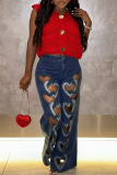 Blue Casual Outing Heart Shaped Hollow Out Zipper Mid Waist Loose Wide Leg Denim Jeans