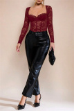 White Lace Detailing Patchwork See-Through Backless Square Neck Long Sleeve Spaghetti Strap Skinny Sheer Mesh Bodysuit