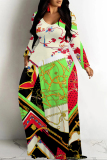 White Gold Casual Graphics Print Long Sleeve V Neck Floor Length Loose Vacation Baggy Loose Maxi Dress