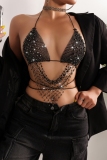 Black Club Patchwork Rhinestone Fringed Trim Backless Belted Glitter Halter Crop Tops