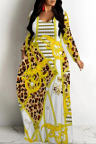 White Gold Casual Graphics Print Long Sleeve V Neck Floor Length Loose Vacation Baggy Loose Maxi Dress