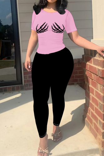 Pink Casual Skull Finger Print O Neck Short Sleeve T-shirt And Skinny Pants Sportwear Two Pieces Jogger Sets