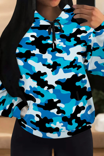 Blue Casual Camouflage Print Long Sleeve Draw String Pocket Fall Winter Hooded Sweatshirt
