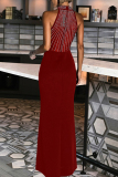 Red Evening Party Gown Hot Drill Zipper O Neck High Slit Long Bodycon Maxi Dresses