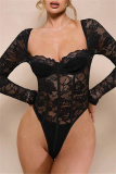White Lace Detailing Patchwork See-Through Backless Square Neck Long Sleeve Spaghetti Strap Skinny Sheer Mesh Bodysuit
