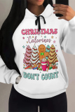 White Casual Christmas Tree Letter Print Bow Draw String Pocket Fall Winter Hooded Sweatshirt