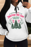 White Casual Christmas Tree Letter Print Bow Draw String Pocket Fall Winter Hooded Sweatshirt