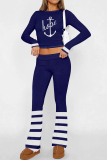 Navy Blue Letter Print Long Sleeve Crop Sweatshirt and Drawstring Striped Pants Sportwear Casual Two Pieces Sweatpant Set