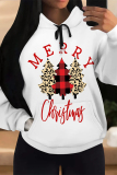 White Casual Christmas Tree Letter Print Bow Draw String Pocket Fall Winter Hooded Sweatshirt
