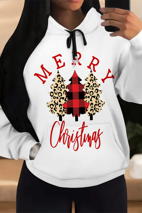 White Casual Christmas Tree Letter Print Bow Draw String Pocket Fall Winter Hooded Sweatshirt