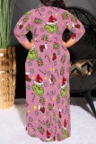 Red Christmas Crinch Print V Neck Half Sleeve Lace Up Slit Floor Length Belted Long Vacation Plus Size A Line Maxi Dress