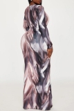 Multicolor Evening Party Prom Gown Tie Dye Print Deep V Neck Long Sleeve Belted Waist Fishtail Hem Casual Vacation Bodycon Maxi Dresses