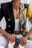 Black White Casual Formal Office Polka Dot Chain Print Leopard Buttons Contrast Turn-back Collar Long Sleeve Blazer Jackets