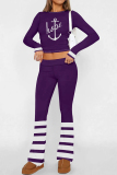 Navy Blue Letter Print Long Sleeve Crop Sweatshirt and Drawstring Striped Pants Sportwear Casual Two Pieces Sweatpant Set