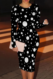 Black White Graphic Print O Neck Long Sleeve Casual Outing Bodycon Pencil Midi Dress