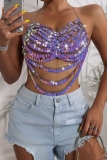 Purple Fringed Trim Chains Sleeveless Backless Shell Beads Halter Crop Tops