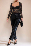 White Lace Detailing Patchwork See-Through Backless Square Neck Long Sleeve Spaghetti Strap Skinny Sheer Mesh Bodysuit