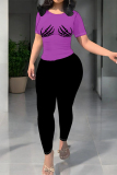 Pink Casual Skull Finger Print O Neck Short Sleeve T-shirt And Skinny Pants Sportwear Two Pieces Jogger Sets