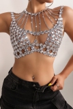 Silver Club Diamond Decor Backless Spaghetti Strap Hollow Out Chains Cami Crop Tops
