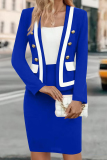 Blue Formal Office Buttons Cardigan Collar Long Sleeve Blazer Jackets And Mini Skirt Two Pieces Dress Sets