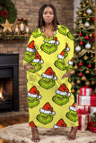 Leopard Casual Christmas Crinch Print Deep V Neck Long Sleeve Plus Size Straight Loose Maxi Dresses with Pocket