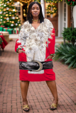 Red Khaki Casual Christmas Deer Santa Claus Print Deep V Neck Long Sleeve Plus Size Straight Loose Midi Dresses with Pocket