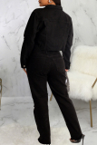 Black Casual Pocket Buckle Turndown Collar Long Sleeve Crop Denim Jacket