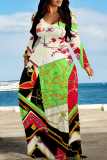 White Gold Casual Graphics Print Long Sleeve V Neck Floor Length Loose Vacation Baggy Loose Maxi Dress
