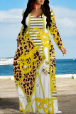 White Gold Casual Graphics Print Long Sleeve V Neck Floor Length Loose Vacation Baggy Loose Maxi Dress