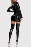 Black Hollow Out Bodysuit With Front Zipper and Attached Tights  Latex Lingerie