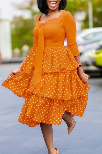 Yellow Casual Square Neck Long Sleeve Polka Dot Print Layered Ruffled Hem Cake Skirt Vacation A Line Midi Dresses