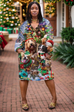 Light Blue Casual Christmas Santa Claus Snowman Print Deep V Neck Long Sleeve Plus Size Straight Loose Midi Dresses with Pocket