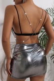Black Club Rhinestone Hollow Out Chains Backless Spaghetti Strap Glitter Cami Tops