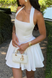 White Casual Vacation Backless Sleeveless Vacation Halter A Line Pleated Mini Dresses