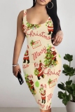 Beige Christmas Santa Claus Dress Sleeveless U Neck Knee Length Casual Outing Bodycon Vest Midi Dress