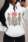 White Casual Christmas Tree Letter Print Bow Draw String Pocket Fall Winter Hooded Sweatshirt