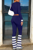 Navy Blue Letter Print Long Sleeve Crop Sweatshirt and Drawstring Striped Pants Sportwear Casual Two Pieces Sweatpant Set