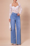 White Lace Detailing Patchwork See-Through Backless Square Neck Long Sleeve Spaghetti Strap Skinny Sheer Mesh Bodysuit