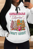 White Casual Christmas Tree Letter Print Bow Draw String Pocket Fall Winter Hooded Sweatshirt