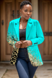 Blue Casual Formal Office Graphcis Print Buttons Cardigan Turn-back Collar Long Sleeve Blazer Jackets