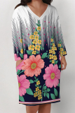 Khaki Casual Boho National Totem Floral Print  Deep V Neck Long Sleeve Women's Casual Outing Straight Loose Midi Dress