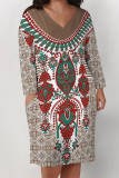 Khaki Casual Boho National Totem Floral Print  Deep V Neck Long Sleeve Women's Casual Outing Straight Loose Midi Dress